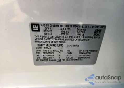 2015 GMC Sierra C1500 Slt z USA, uszkodzony, nr VIN 3GTP1VEC6FG313845